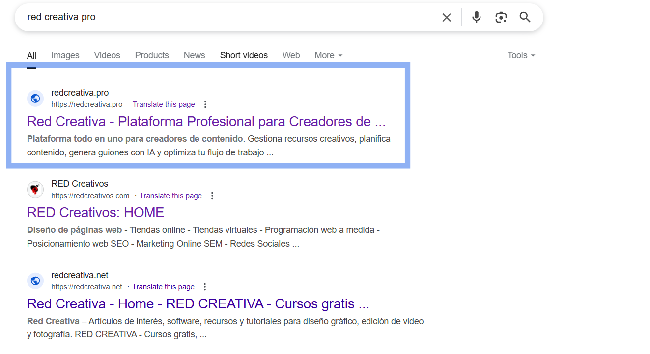 Red Creativa Pro en la primera página de Google
